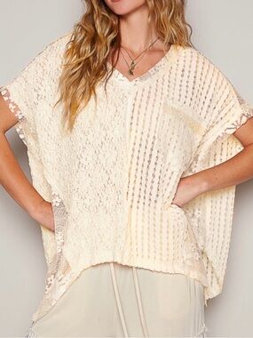 POL Cream Lace Knit V-Neck Boxy Blouse